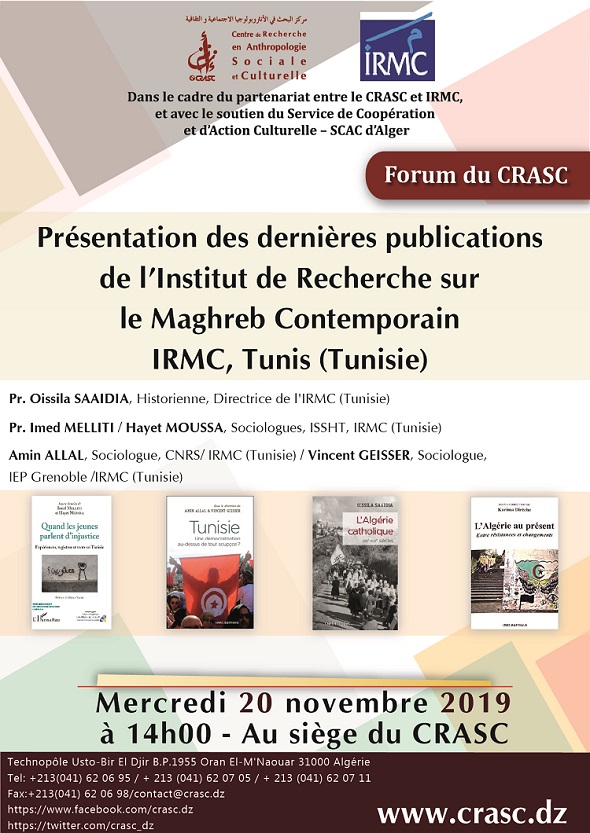 Présentation des derniéres publications de l'institut de recherche sur le Maghreb Contemporain IRMC (Tunic)