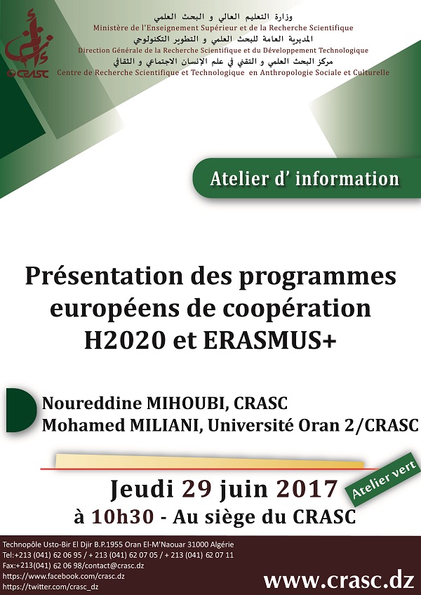 Présentation des programmes européens de coopération H2020 et ERASMUS+