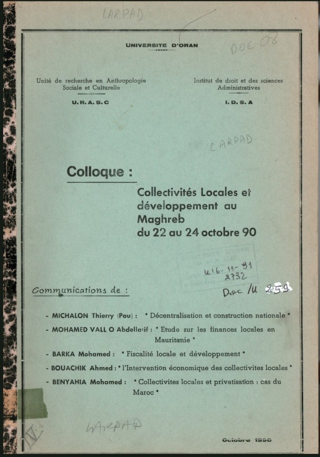 Collectivités locales et développement au Maghreb du 22 au 24 octobre 90