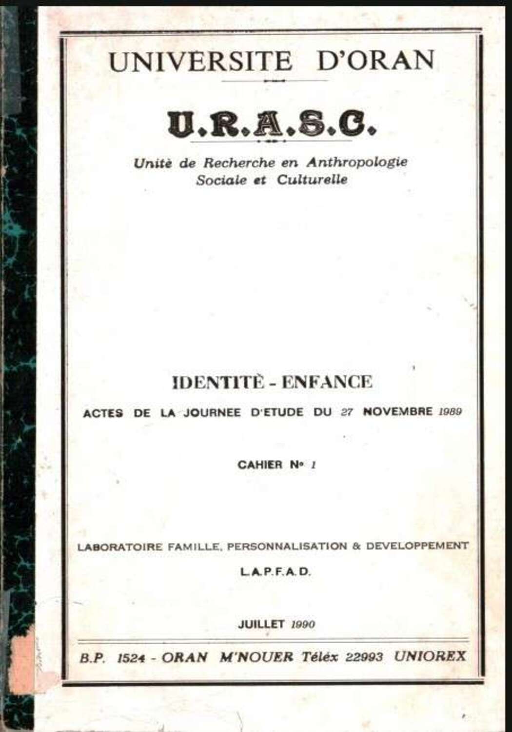 Identité-enfance -actes de la journée d'étude du 27 novembre 1989 Cahier N°1