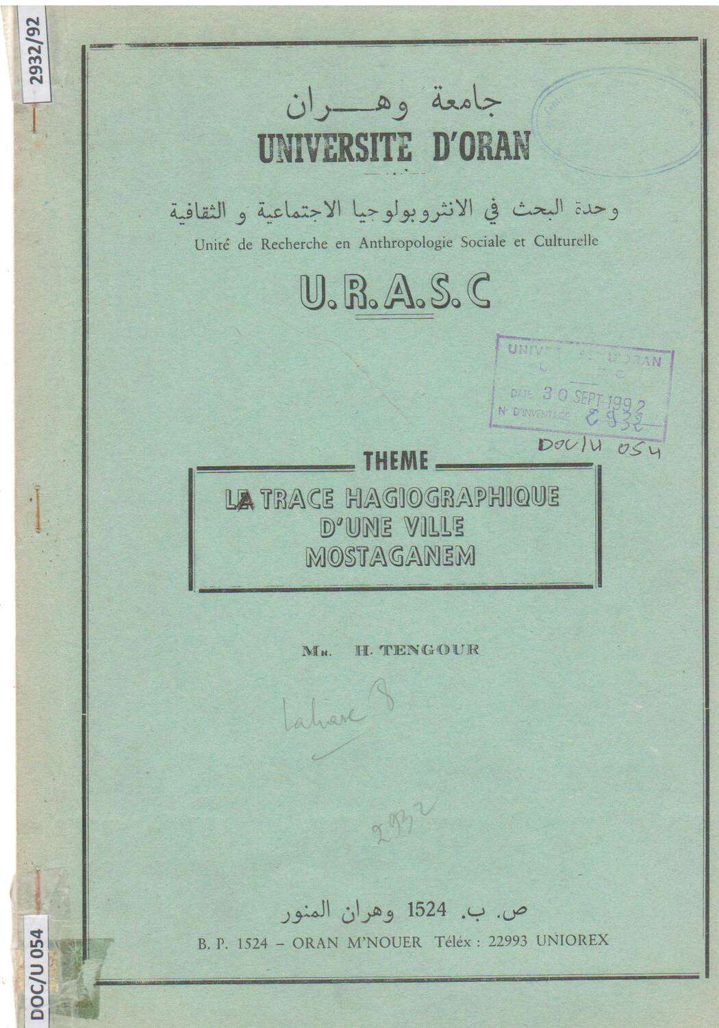 La trace hagiographique d'une ville Mostaganem