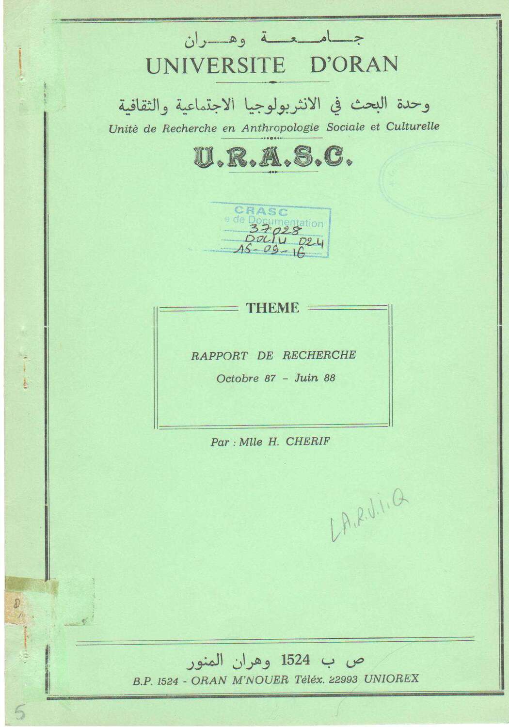 Rapport de recherche Octobre 87 juin 88