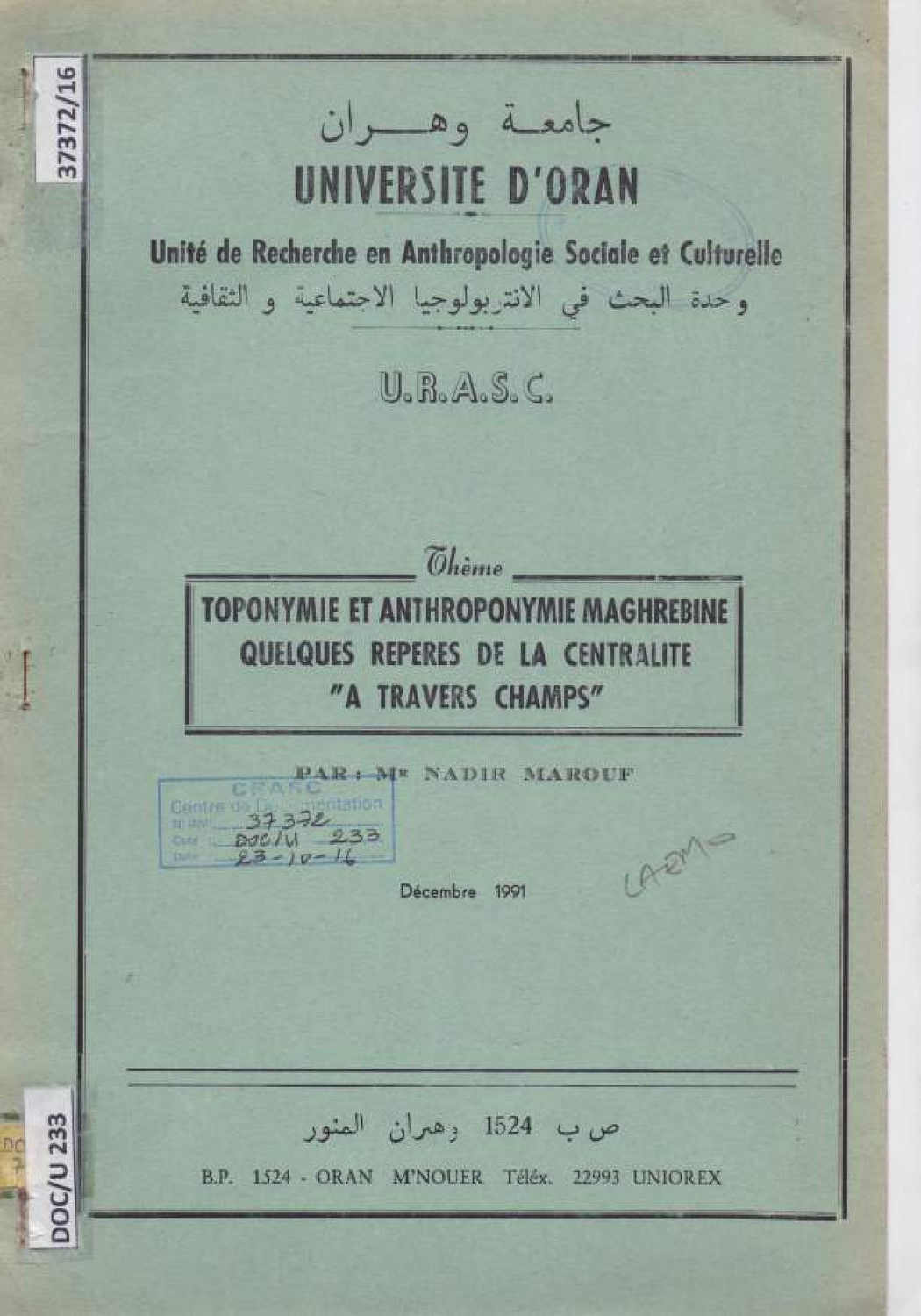 Toponymie et anthroponymie maghrébine